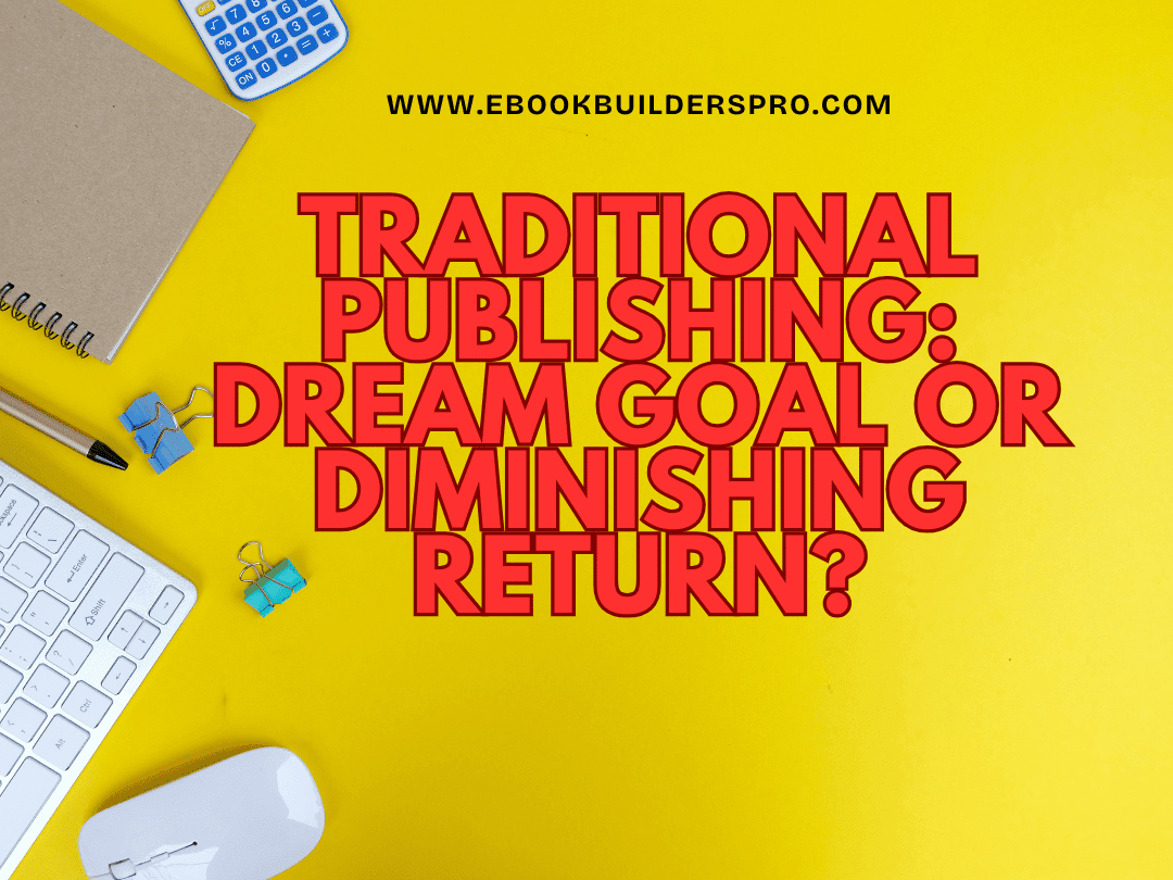 Traditional publishing concept with bold red text on yellow background and office supplies