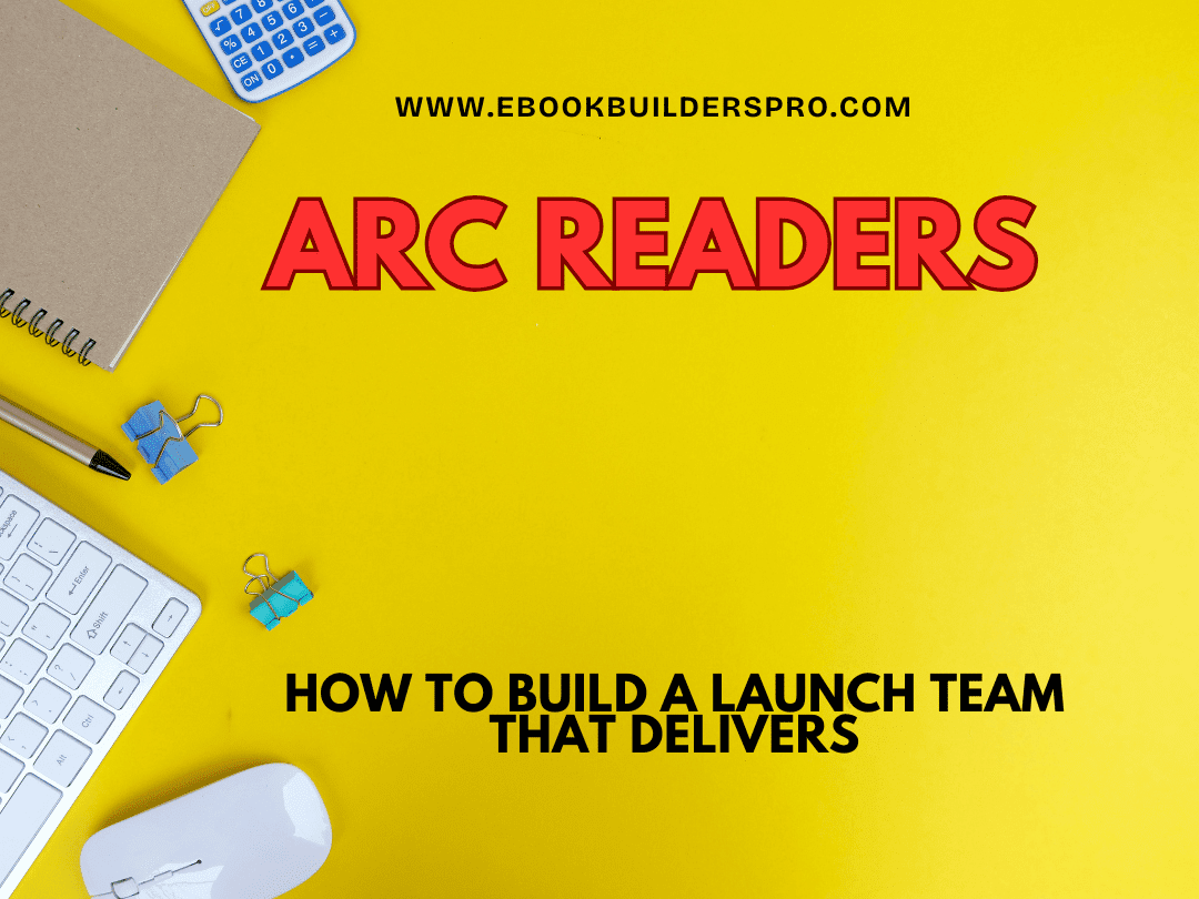 ARC readers book launch concept with bold ARC Readers text on yellow background and writing workspace elements