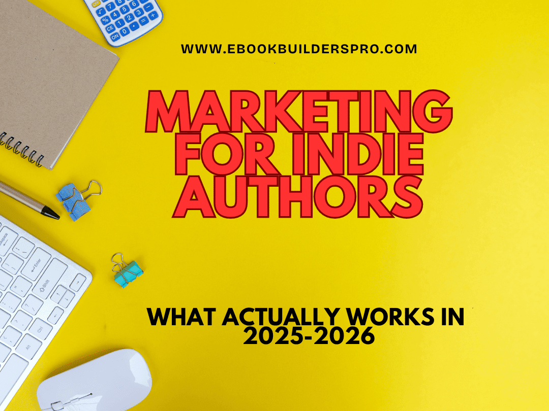Marketing for indie authors with bold text reading “Marketing for Indie Authors: What Actually Works in 2025–2026” on a bright yellow background with desk items including a keyboard, notebook, calculator, and office supplies.
