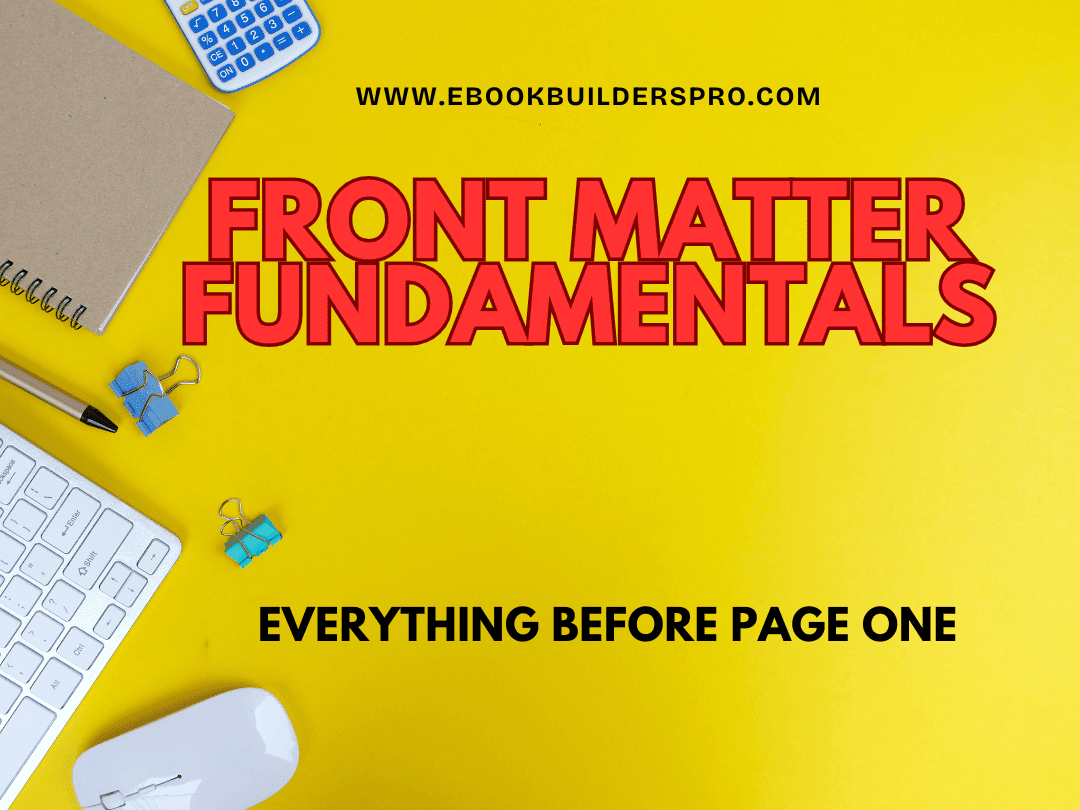 Branded blog graphic for media training for authors featuring the title “Front Matter Fundamentals for Indie Authors” on a clean, consistent Anatomy of a Book series layout with structured design elements and a professional publishing-themed background