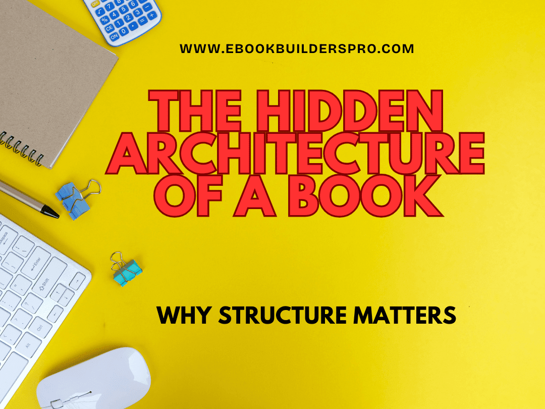 Yellow desk-style background with keyboard, notebook, and office items surrounding bold text reading “The Hidden Architecture of a Book” and “Why Structure Matters,” representing media training for authors and book structure fundamentals